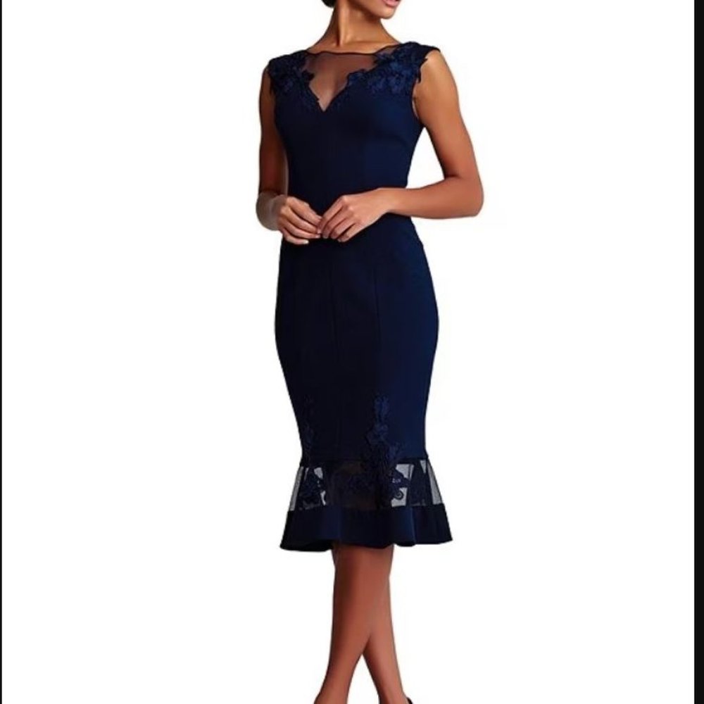 Aidan Mattox Sleeveless, Stretch Flounce Hem, Floral Mesh Insert Sheath Dress